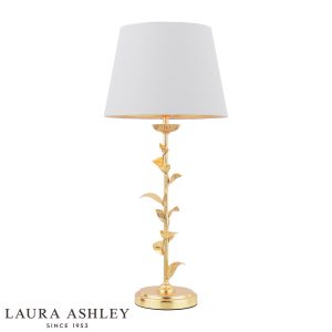 Laura Ashley Halton table lamp in distressed gold leaf with cream shade, on white background.