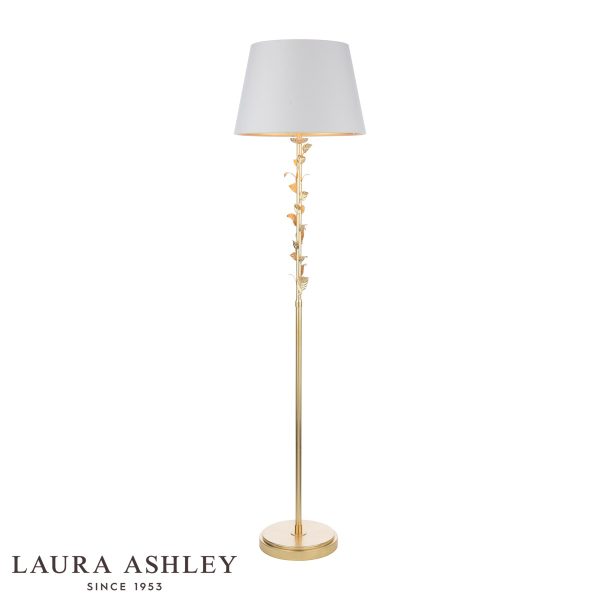 Laura Ashley Halton floor lamp in distressed gold leaf with cream shade, on white background.