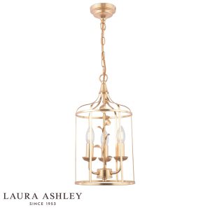 Laura Ashley Halton 3 light pendant in distressed gold leaf, on white background lit.