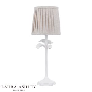 Laura Ashley Eleni floral table lamp in matt white, on white background unlit.