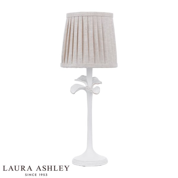Laura Ashley Eleni floral table lamp in matt white, on white background unlit.