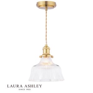 Theodore pendant light in antique brass with ribbed glass shade by Laura Ashley, full height on white background.