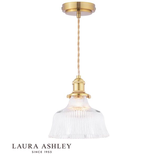 Theodore pendant light in antique brass with ribbed glass shade by Laura Ashley, full height on white background.
