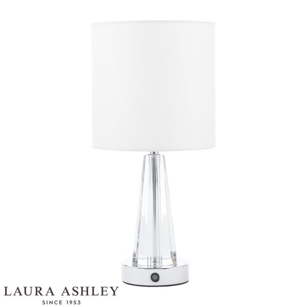 Laura Ashley Blake rechargeable LED touch lamp in polished chrome, main image on white background.