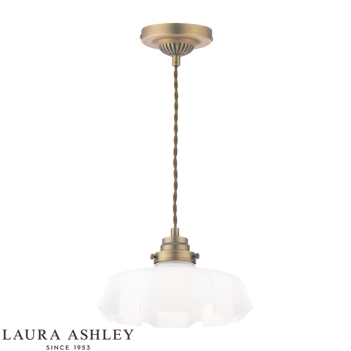 Banham 1 light pendant in matt antique brass finish with white glass shade, full height on white background.