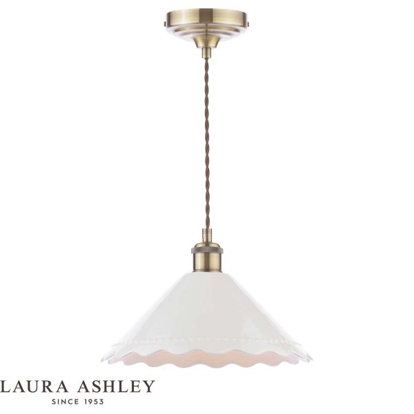 The Daws white ceramic pendant light in antique brass on white background, with Laura Ashley Logo.