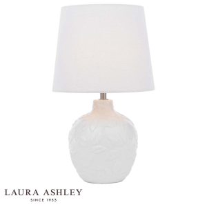 Redhall white ceramic table lamp with cream linen shade and chrome metalwork by Laura Ashley, on white background, with logo.