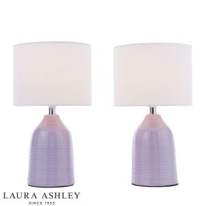 Penny purple ceramic table lamp with polished chrome metalwork and ivory shade, on white background, lit.