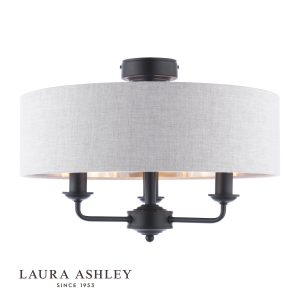 Laura Ashley Sorrento 3 light semi flush in matt black on white background, lit.