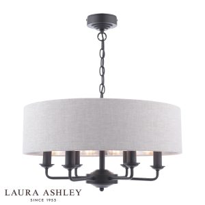 Laura Ashley Sorrento 6 light chandelier in matt black, full height on white background, lit.