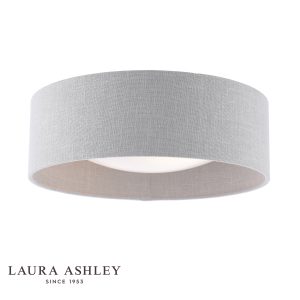 Laura Ashley Bacall 2 light flush with natural linen shade, on white background, lit.