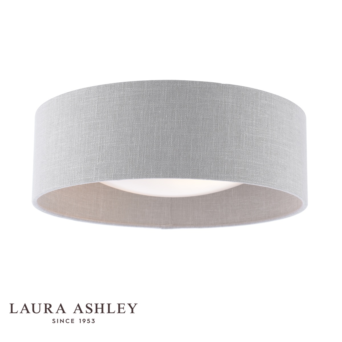 Laura Ashley Bacall 2 light flush with natural linen shade, on white background, lit.
