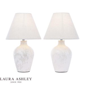 Laura Ashley Pussywillow cream ceramic table lamp, twin pack on white background.
