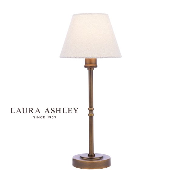 Laura Ashley Denston 1 light table lamp in antique bronze on white background, lit.