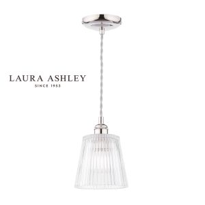 Laura Ashley Callaghan single light pendant in polished nickel, full height on white background.