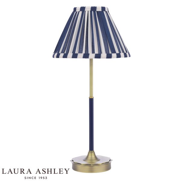 Denwick table lamp in matt antique brass and satin blue, on white background unlit.