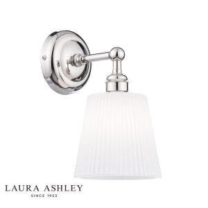 Callaghan bathroom wall light in polished nickel with ribbed white glass shade and rated IP44 by Laura Ashley, shown with logo on white background.