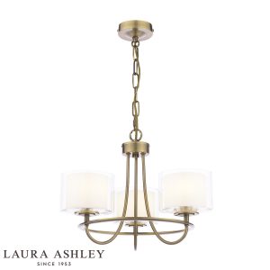 Southwell 3 light chandelier in antique brass finish with glass shades by Laura Ashley, full height on white background, lit.