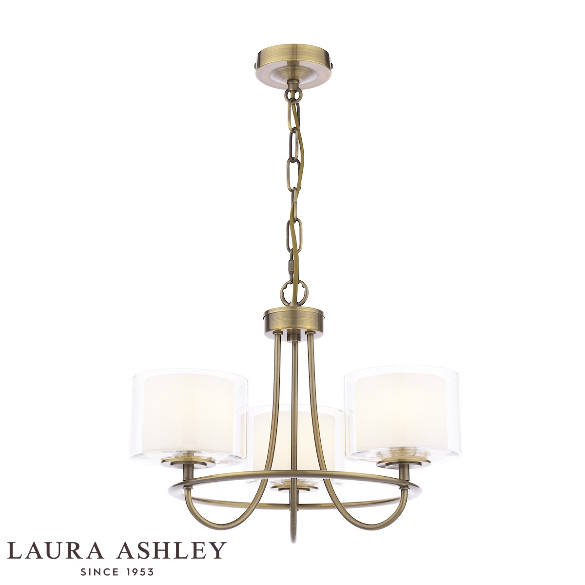 Southwell 3 light chandelier in antique brass finish with glass shades by Laura Ashley, full height on white background, lit.