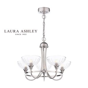 The Wellham 5 light polished nickel chandelier with glass shades by Laura Ashley, full height on white background.
