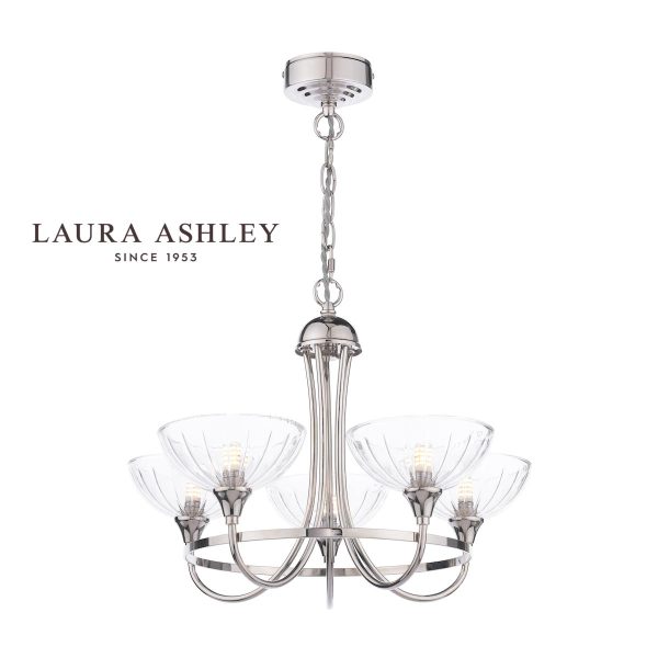 The Wellham 5 light polished nickel chandelier with glass shades by Laura Ashley, full height on white background.