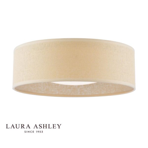 Buckenham rattan 2 light flush ceiling light by Laura Ashley on white background.