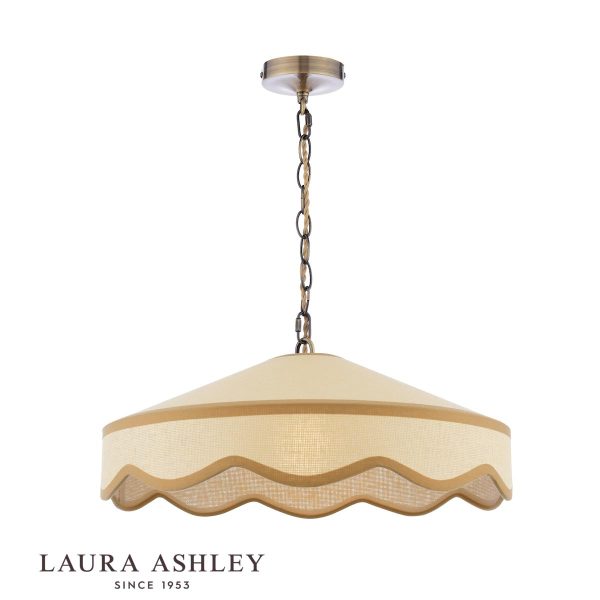 Buckenham 1 light rattan pendant with antique brass finish metalwork by Laura Ashley, full height on white background.