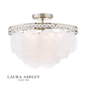 Laura Ashley Caverton 4 light semi flush ceiling light in polished nickel with white glass, on white background, with logo.