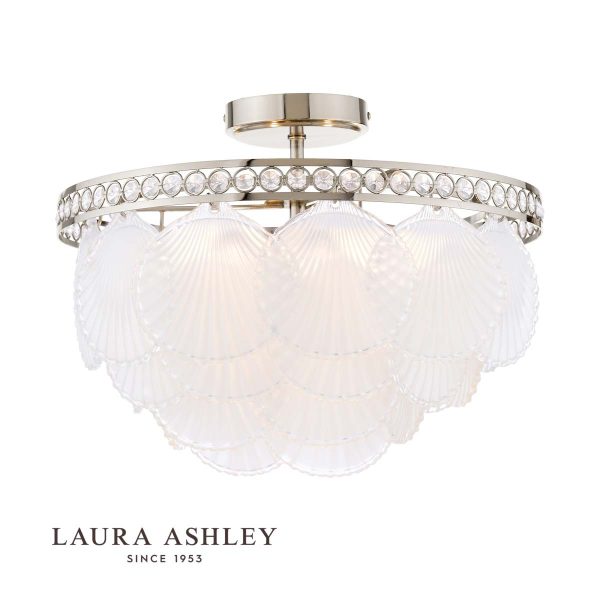 Laura Ashley Caverton 4 light semi flush ceiling light in polished nickel with white glass, on white background, with logo.