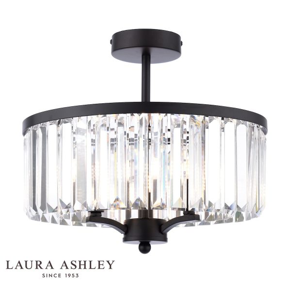 Laura Ashley Elkwood 3 light crystal semi flush ceiling light in industrial black, on white background lit.