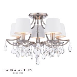 Enstone 5 light semi flush ceiling light in polished nickel with crystal drops and ivory shades by Laura Ashley, with logo on white background.