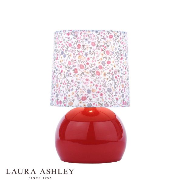 Laura Ashley Knowlton deep pink ceramic table lamp with floral shade, on white background, with logo.