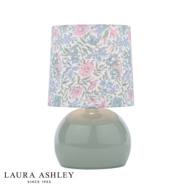 Laura Ashley Sherston blue ceramic table lamp with floral shade on white background, with logo.