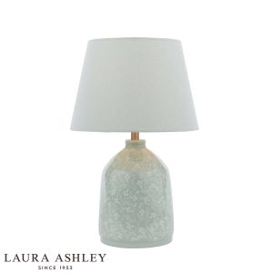 Laura Ashley Campion blue ceramic table lamp with pale blue linen shade, on white background, with logo.