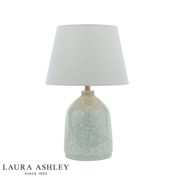 Laura Ashley Campion blue ceramic table lamp with pale blue linen shade, on white background, with logo.