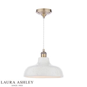 Laura Ashley Pussywillow cream ceramic ceiling pendant, on white background lit.