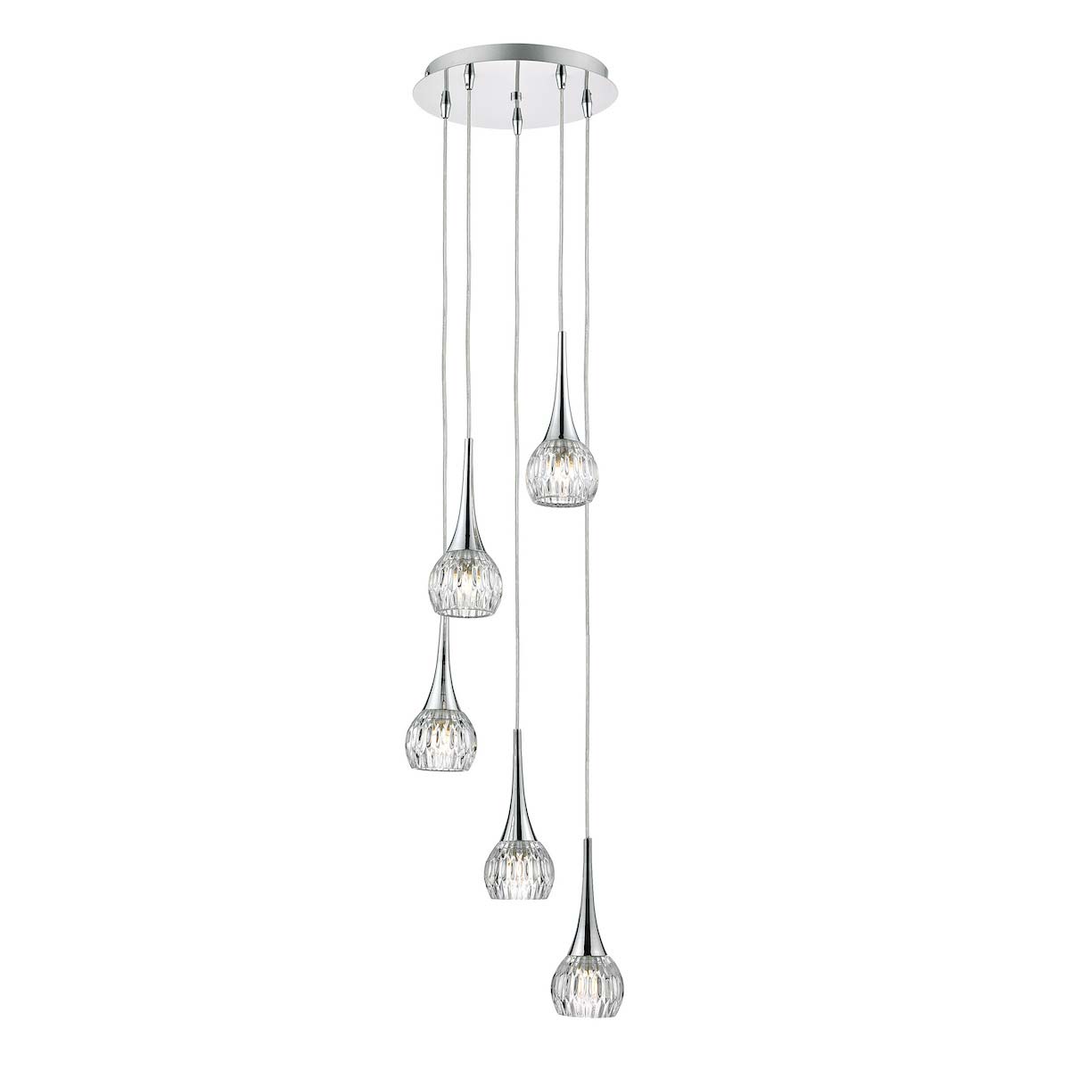 Dar Lyall cut glass 5 light cluster pendant in polished chrome on a white background.