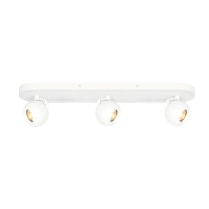 Franklite Lens 3 light triple ceiling spotlight bar in matt white, on white background.