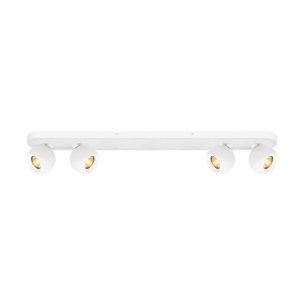 Franklite Lens modern 4 light ceiling spotlight bar in matt white, on white background.