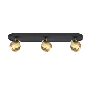 Franklite Lens 3 light ceiling spotlight bar in matt black and aged brass, on white background.