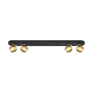 Franklite Lens 4 light ceiling spotlight bar in matt black and aged brass, on white background.
