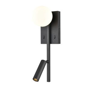 Franklite Luca Contemporary switched LED bedside wall light with directional reading light and USB port in matt black, on white background.