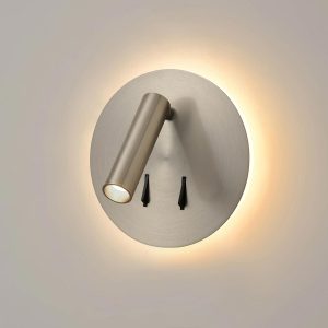 Franklite Luca switched LED round backlit bedside wall light with directional reading light in satin nickel, on grey background.