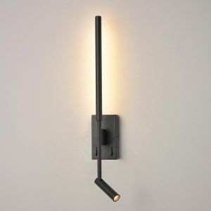 Franklite Luca contemporary switched LED bedside wall light with directional reading light in matt black, on grey background.