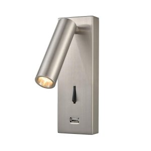 Franklite Luca switched LED bedside wall reading spotlight with USB port in satin nickel, on white background.