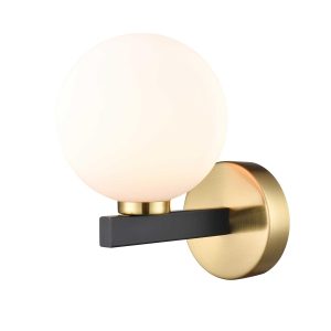 Franklite Lunar modern single wall light in matt black and aged brass, on white background, lit.