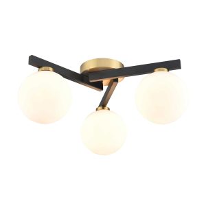 Franklite Lunar modern 3 light flush ceiling light in matt black and aged brass, on white background.