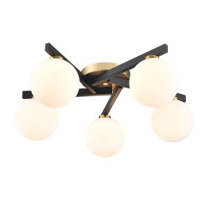 Franklite Lunar modern 5 light flush ceiling light in matt black and aged brass, on white background.