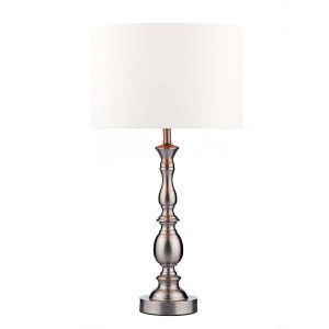 Dar Madrid table lamp in satin chrome with white shade, shown lit on a white background.