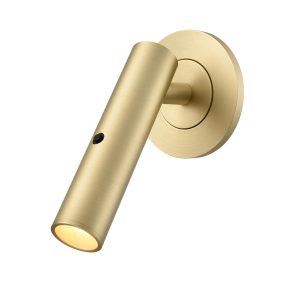 Franklite Mantel modern satin brass bedside LED reading light, on white background.